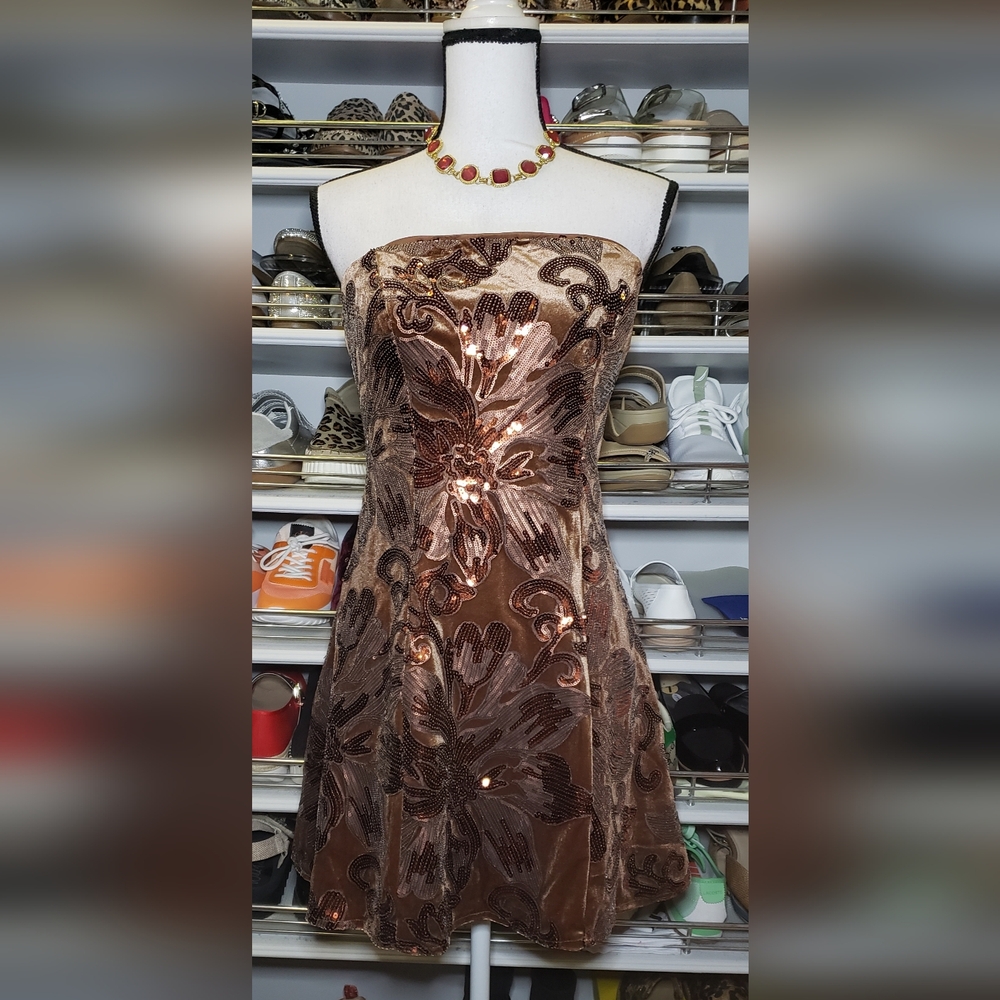 Golden Olive Velvet Floral Sequin A-line Dress